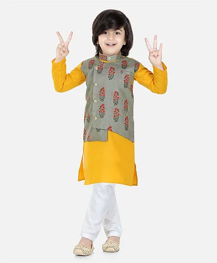 BownBee Full Sleeves Solid Kurta With Floral Print Attached Jacket And Solid Pyjama - Grey Yellow