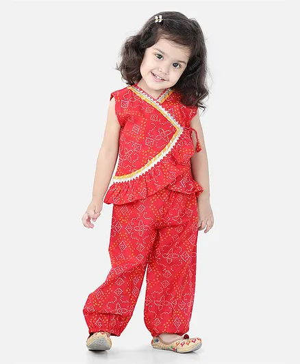 BownBee Sleeveless Bandhani & Ruffle Detail Top With Harem Pants - Red