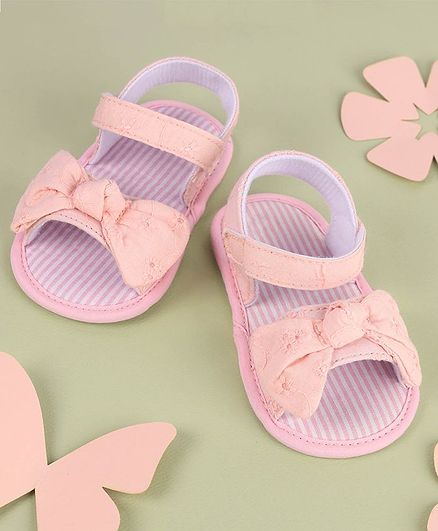 Kicks & Crawl Schiffli Embroidered Bow Detailing Sandal Style Booties - Light Baby Pink