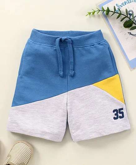 Babyhug Cotton Knit Knee Length Shorts Colour Block - Blue White Yellow