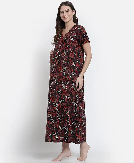 FASHIONABLY PREGNANT Half Sleeves Floral Print Maternity & Feeding Night Dress - Black