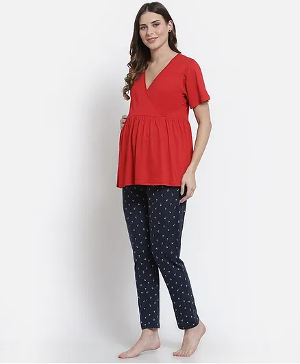 FASHIONABLY PREGNANT Half Sleeves Anchor Print Night Suit - Red & Navy Blue