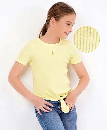 Primo Gino Half Sleeves 2x2 Rib Mock Knot T-shirt with Pineapple Trinket in Softer Cotton Elastane Fabric - Yellow
