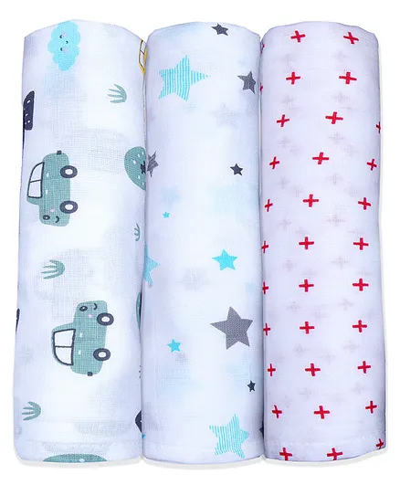 LazyToddler Cotton Soft Flannel Swaddles Wrap For Newborn Baby Car Star & Plus Print Pack of 3- Multicolor