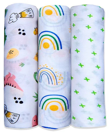 LazyToddler Cotton Organic Muslin Baby Swaddles Dino Rainbow & Plus Design Pack of 3 - Multicolour