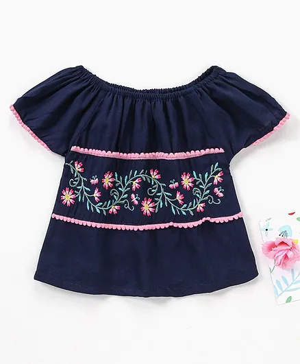 Babyhug Rayon Half Sleeves Top With Floral Embroidery & Pom Pom Lace Detailing - Navy Blue