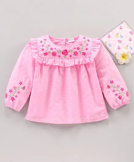 Babyhug Full Sleeves Swiss Dobby Top With Floral Embroidery And Frill Detailing- Pink