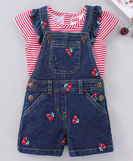 Babyhug Cotton Cap Sleeves Striped Tee & Denim Dungaree Set Cherry Embroidery - Denim Blue