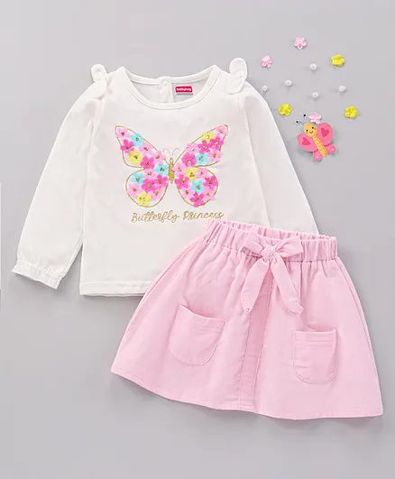 Babyhug Full Sleeves Top & Skirt Bow Applique with Butterfly Design - Off White Pink