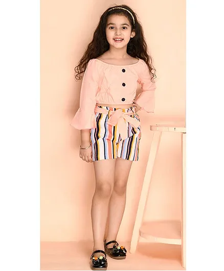 Kids Cave Three Fourth Bell Sleeves Crepe With 100% Cotton Lining Top With Striped Shorts - Multi Colour