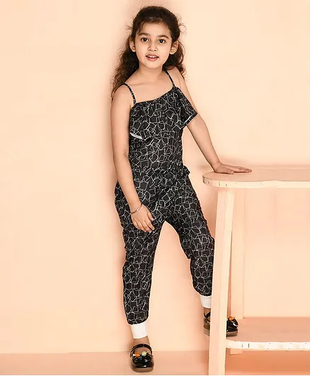 Kids Cave Sleeveless Seamless Square Pattern Printed Crepe With 100% Cotton Lining Flounce Jumpsuit - Black