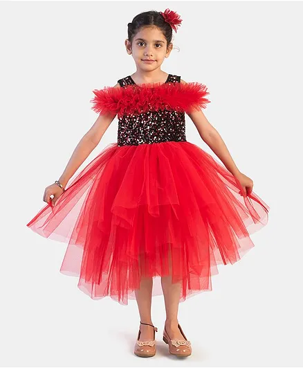 Toy Balloon Cold Shoulder Short Sleeves Net Ruffle Sequined Bodice High Low Flared Party Wear Dress - Red
