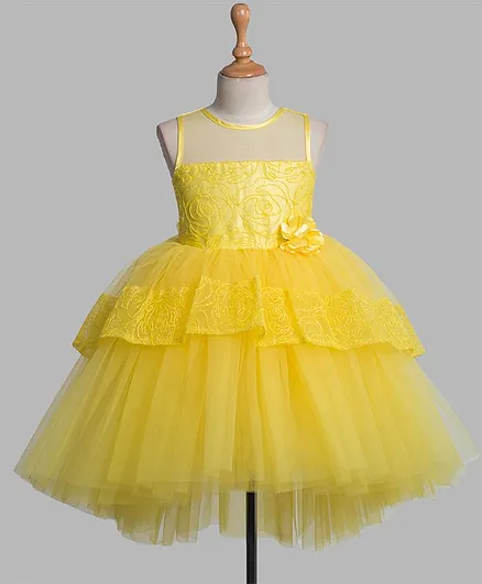 Toy Balloon Sleeveless Floral Corsage Detail And Embellished Bodice Hi Low Skirt Style Party Dress - Yellow