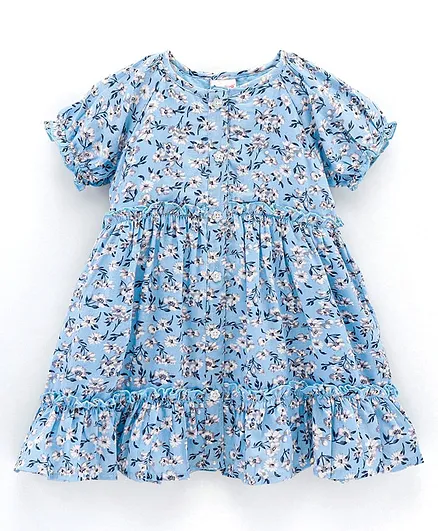 Babyhug 100% Rayon Woven Half Sleeves Frock Floral Print - Blue
