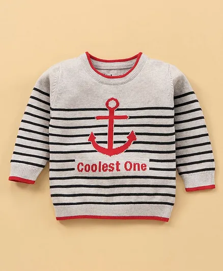 ToffyHouse Cotton Knit Full Sleeves T-Shirt Stripes and Anchor Print - Grey