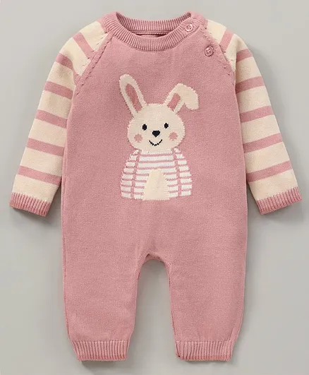 ToffyHouse Full Sleeves Winter Rompers Stripes & Bunny Print- Pink