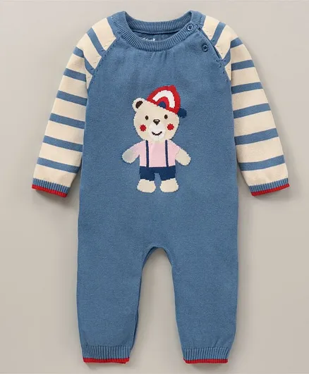 ToffyHouse Full Sleeves Winter Rompers Stripes & Teddy Print- Blue