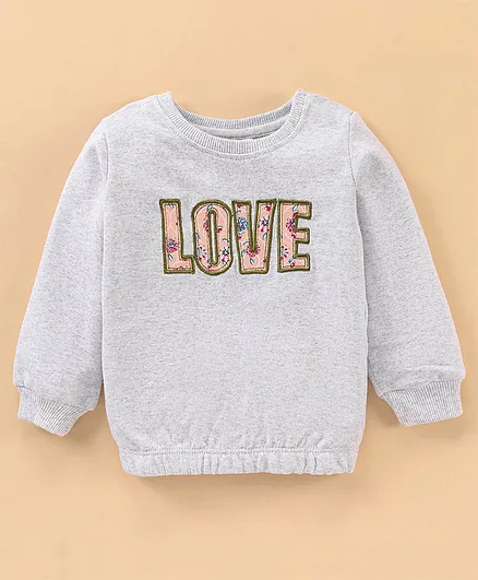 Babyhug Full Sleeves Cotton Sweatshirt With Graphics Love Embroidery- Grey