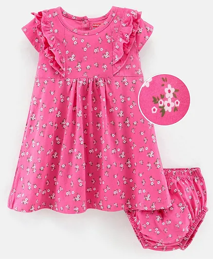 Babyhug 100% Cotton Short Sleeves Frock With Bloomer Floral Print - Pink