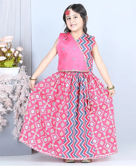 Kinder Kids Sleeveless Chevron Printed And Flower Embroidered Top With Chevron And Patola Print Tassel Ornamentation Detail Lehenga - Pink
