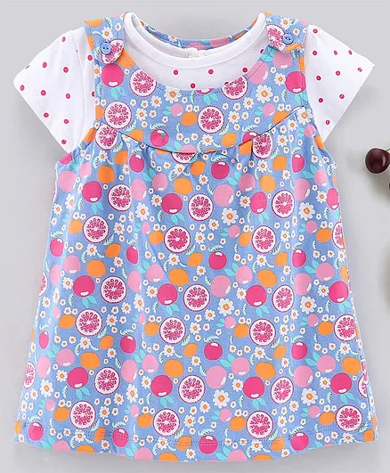 Babyhug 100% Cotton Frock with Short Sleeves Inner Tee Fruits Print - Blue White
