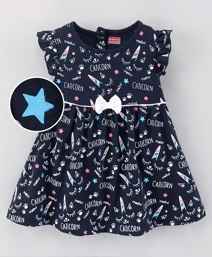 Babyhug 100% Cotton Cap Sleeves Frock Printed With Bow Applique- Navy Blue