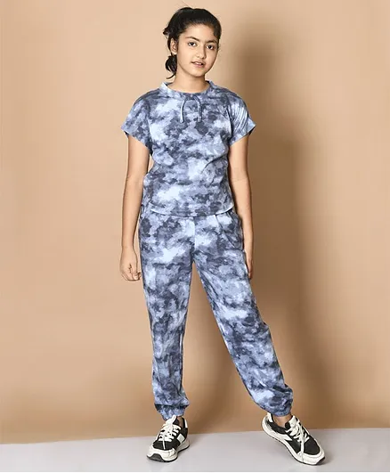 Lilpicks Couture Half Sleeves Tee With Jogger Pant Tie & Dyed Co Ordinate Set - Blue