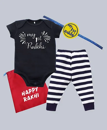 Kadam Baby Short Sleeves My 1st Rakhi Printed Onesie & Rakhi With Striped Pyjama And Happy Rakhi Printed Bag - Black
