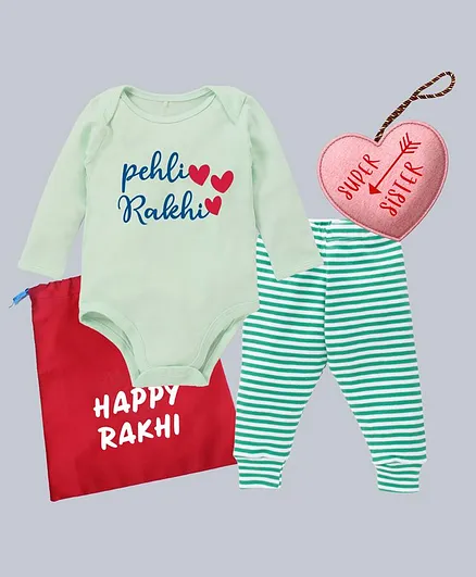 Kadam Baby Short Sleeves Pehli Rakhi Printed Onesie With Striped Pyjama Super Sister Key Chain And Happy Rakhi Printed Bag - Green