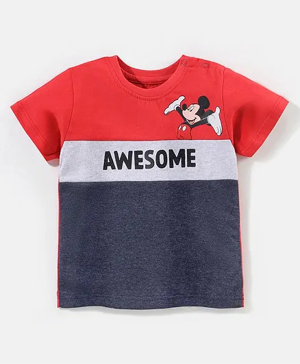 Babyhug Cotton Half Sleeves T-Shirts Awesome  Micky Mouse Print - Red & Navy Blue