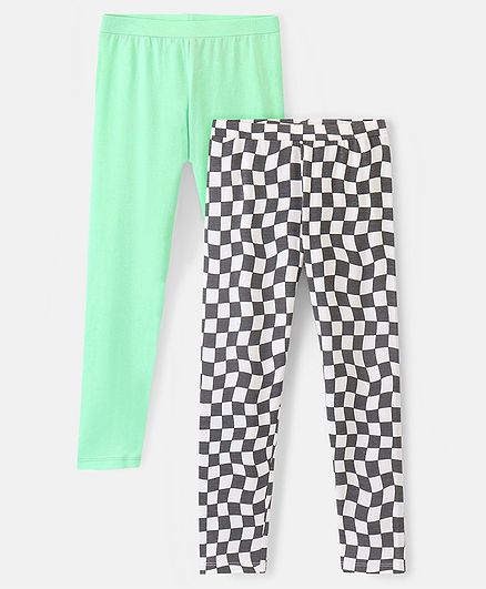 Pine Kids Full Length Stretchable Cotton Leggings Solid & Checked Pack Of 2 - Green & Grey