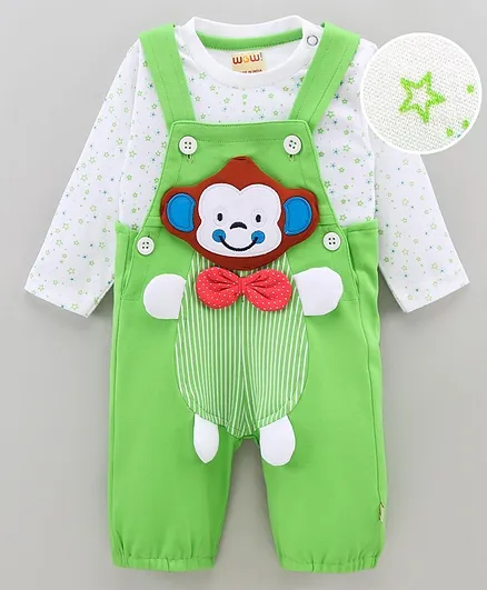 WOW Clothes Full Sleeves Cotton T-shirt with Dungaree with Monkey Patch and Bow Applique- Green (Bow & Button Color and T-Shirt Print May Vary)