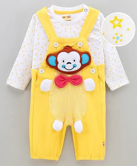 WOW Clothes Full Sleeves Cotton T-shirt with Dungaree with Monkey Patch and Bow Applique- Yellow (Bow & Button Color and T-Shirt Print May Vary)