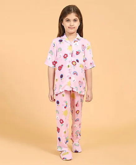 Piccolo Half Sleeves All Over Flowers & Umbrella Printed Night Suit With Slippers - Baby Pink