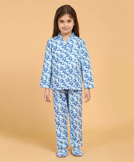 Piccolo Full Sleeves Fish Printed Night Suit With Slippers - Sky Blue