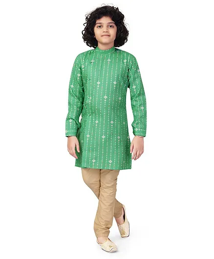 Nakshi By Yug Full Sleeves Ethnic Motif Printed Kurta & Solid Pajama Set - Green & Fawn Brown
