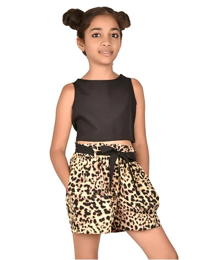 Buy Chuppan Chupai Sleeveless Solid Top With Fabric Belt Detail Leopard  Print Shorts - Black for Girls (6-7 Years) Online in India, Shop at   - 11624225