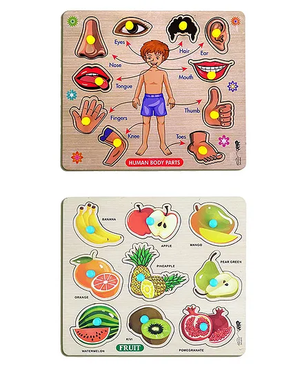 Enorme Mini Wooden Human Body Parts and Fruits Puzzle with Knobs Multicolour - 19 Pieces
