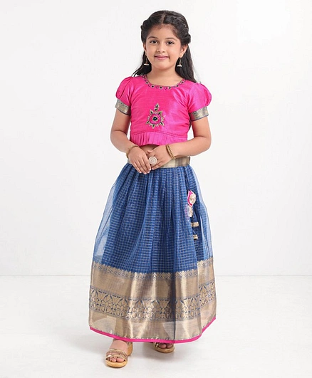 Teentaare Puffed Sleeves Choli & Printed Lehenga Set With Floral Embroidery- Pink Blue