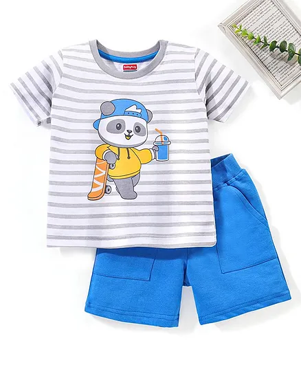 Babyhug 100% Cotton Knit Striped T-Shirt & Short Set Koala Print - Grey & Blue