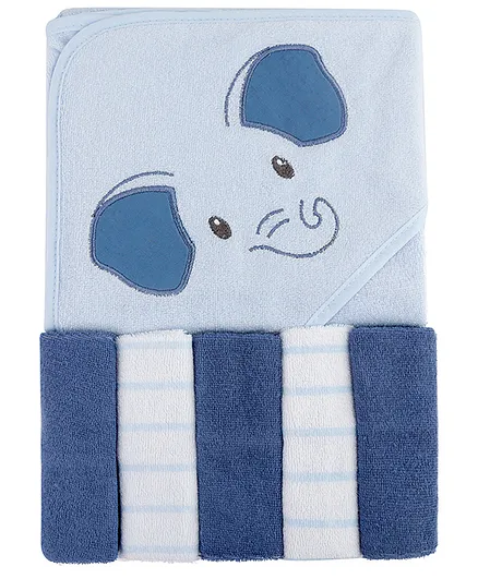 Baby Moo Elephant Towel & Wash Cloth Set Pack Of 6 - Blue 