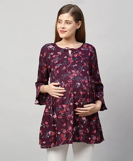 MomToBe Three Fourth Bell Sleeves Rayon Flower Print Maternity Top - Purple
