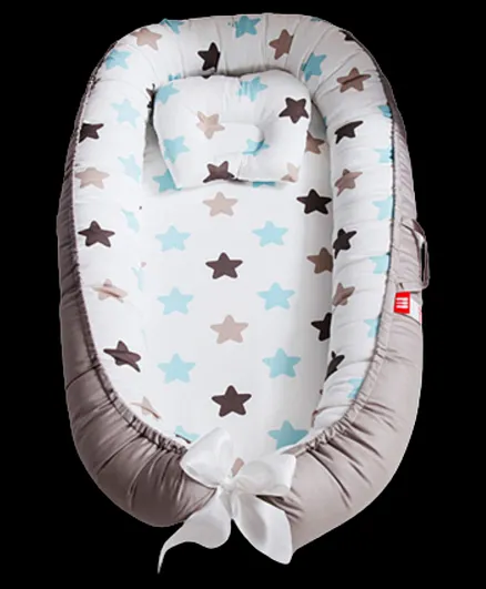 SYGA New Born Baby Nest Portable Reversible Sleeping Bed Foldable Sleeping Toddler Cotton Baby Mattress Pillow Blue Star - Grey Edge