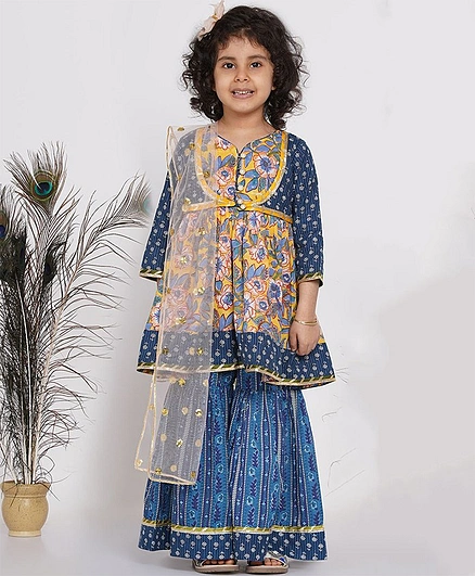 Little Bansi Full Sleeves Jaipuri Floral Printed Lace Embellished Kurta With Pleated Sharara & Sequin Embellished Dupatta - Yellow & Indigo Blue