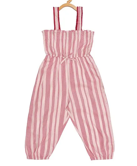Creative Kids Sleeveless Striped Smocked Jumpsuit - Pink & White