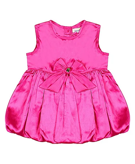 ShopperTree Sleeveless Stone Embellished Bow Detail Solid Balloon Flare Party Wear Dress - Pink