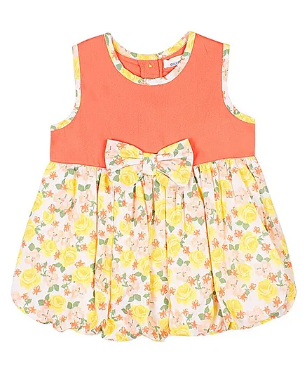 ShopperTree Sleeveless Bow Applique Roses Floral Printed Balloon Flare Dress - Yellow