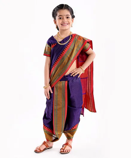 Buy Bhartiya Paridhan Silk Woven Nine Yard Style Saree and Half Sleeves Blouse Set - Purple for Girls (5-6 Years) Online in India, Shop at - 11641825 Buy Bhartiya Paridhan Silk Woven Nine Yard Style Saree and Half Sleeves Blouse Set - Purple for Girls (5-6 Years) Online in India, Shop at - 11641825