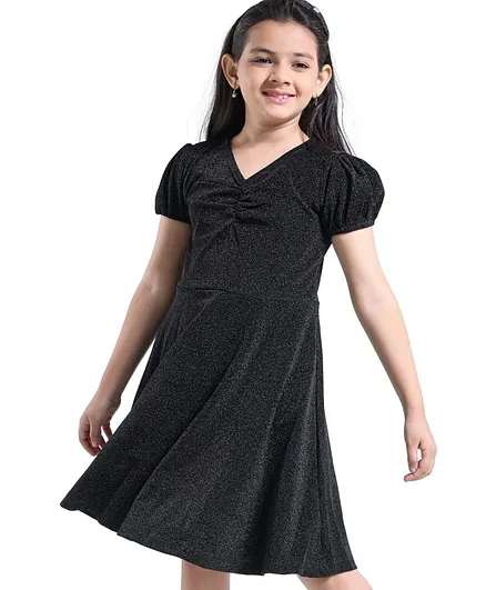 Hola Bonita Half Sleeves Glitter Flare Dress With Ruched Front - Black