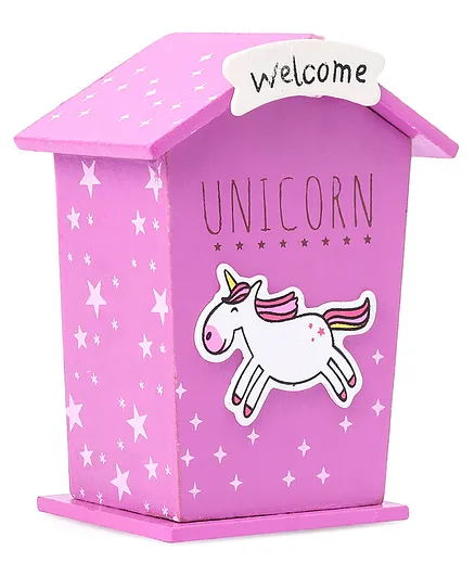 House Shaped Wooden Money Bank Unicorn Design - Purple